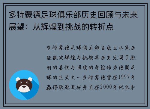 多特蒙德足球俱乐部历史回顾与未来展望：从辉煌到挑战的转折点