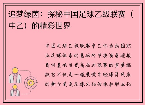 追梦绿茵：探秘中国足球乙级联赛（中乙）的精彩世界