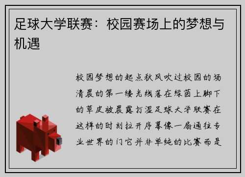 足球大学联赛：校园赛场上的梦想与机遇